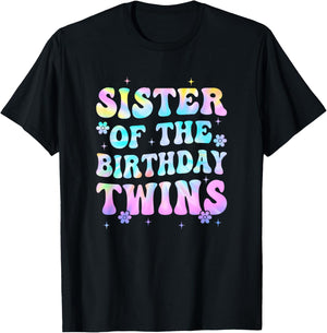 Sister of The Birthday Twins Girls Kids Party Retro Bday T-Shirt - T-Shirt | Black