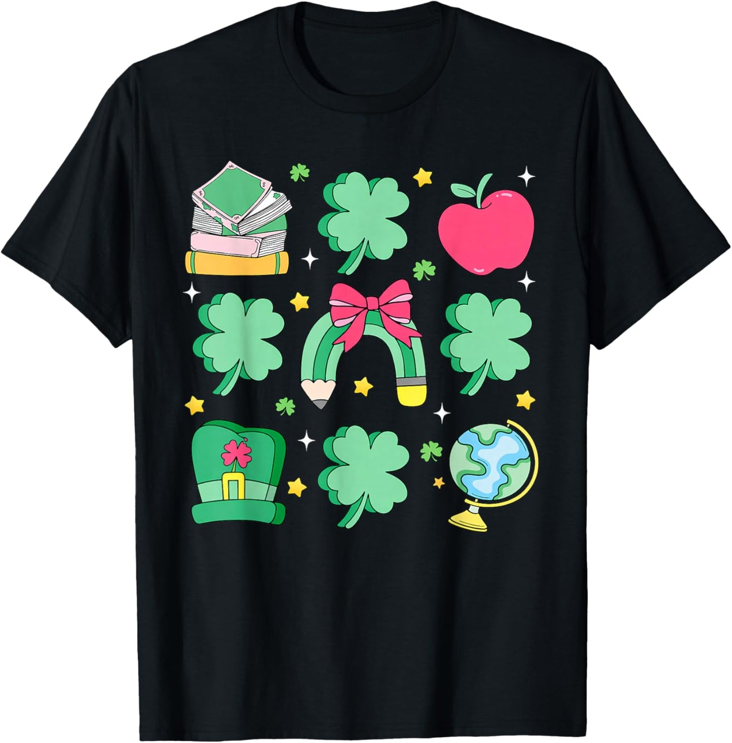St Patrick's Day Lucky Teacher Shamrock Coquette Bow Pencil T-Shirt - T-Shirt | Black