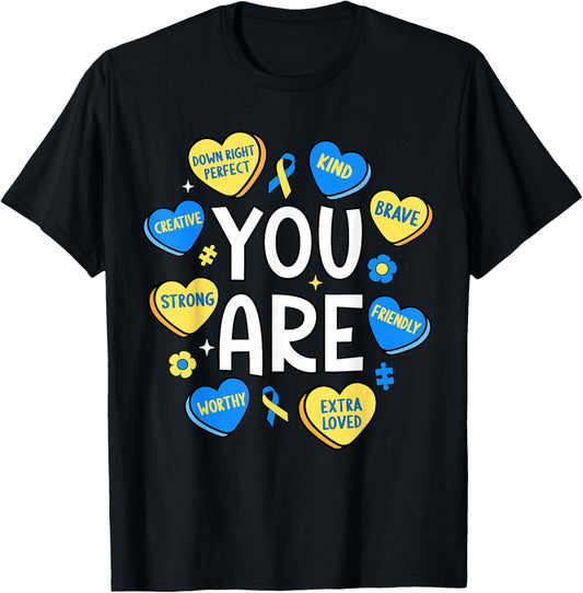 Down Syndrome Awareness Positive Candy Heart Cute Trisomy 21 T-Shirt - T-Shirt | Black