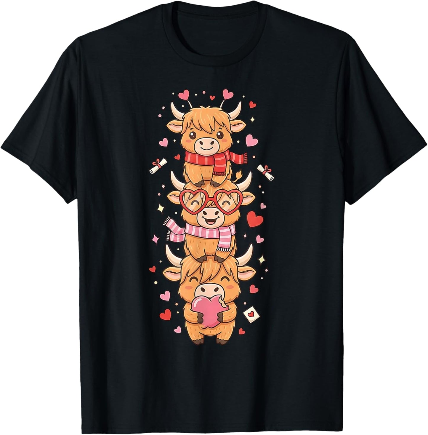 Cute Western Valentine Highland Cows with Hearts T-Shirt - T-Shirt | Black
