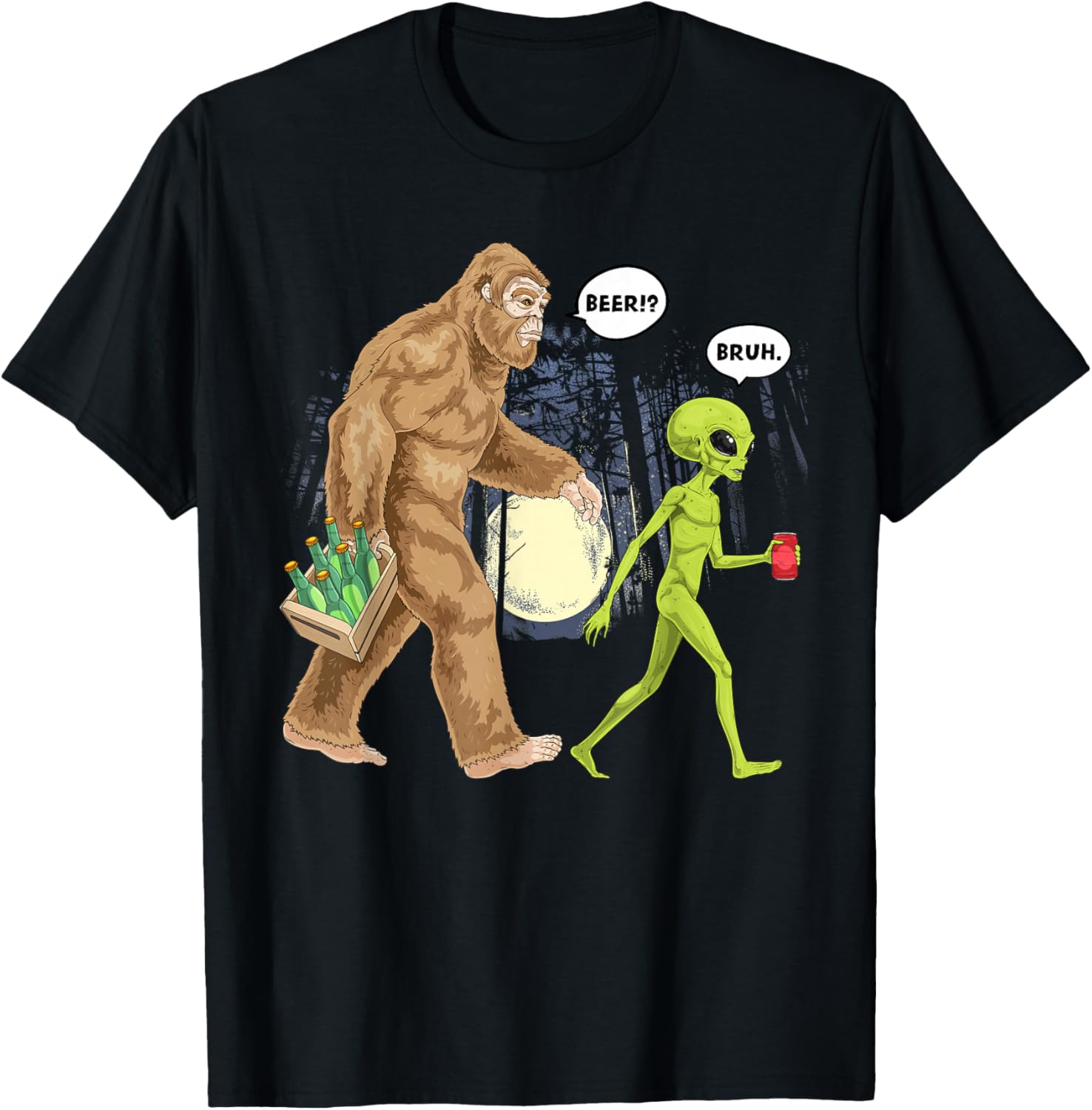 Bigfoot Alien Beer UFO Funny Futuristic Sasquatch Outdoor T-Shirt - T-Shirt | Black
