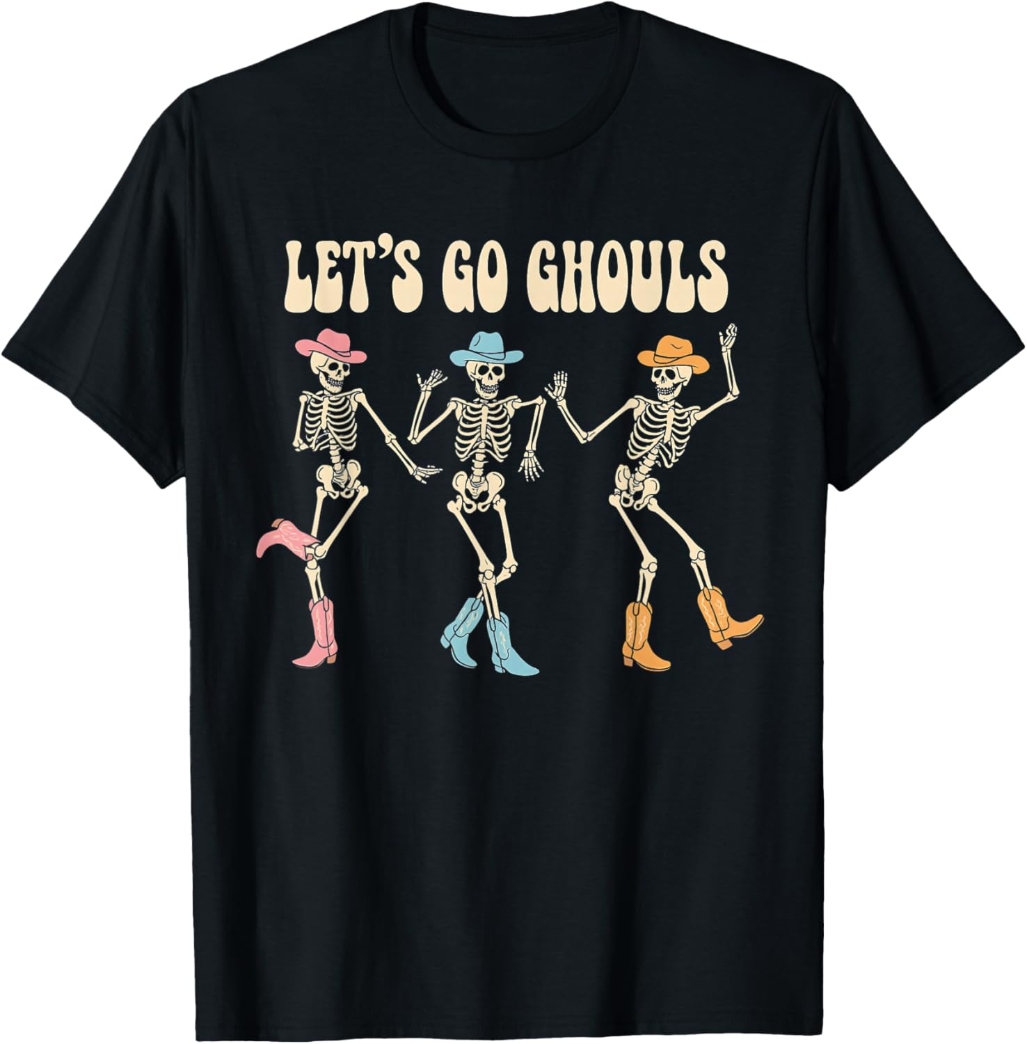 Let's Go Ghouls Women Halloween Dancing Skeleton Ghost T-Shirt - T-Shirt | Black
