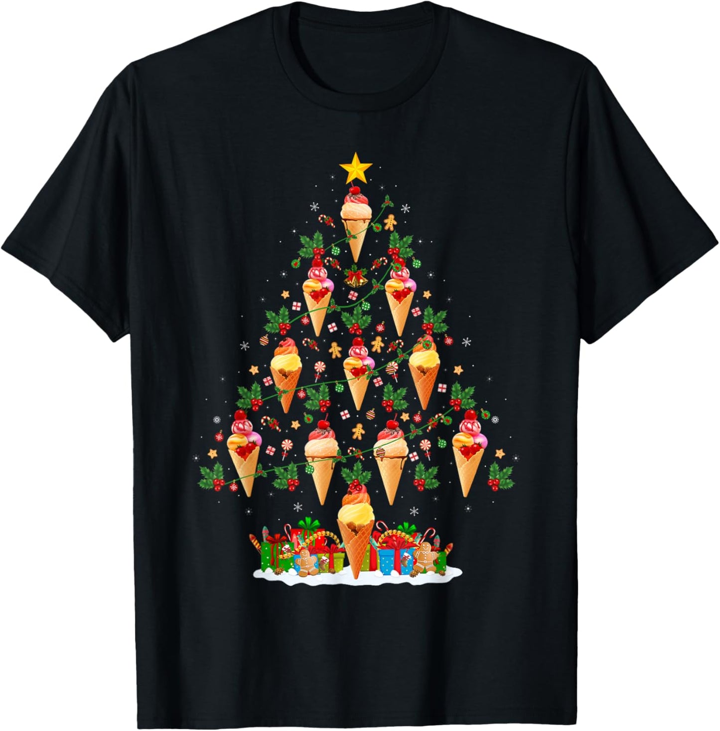 Ice Cream Cone Christmas Tree Funny Ice Cream Lover Xmas T-Shirt - T-Shirt | Black