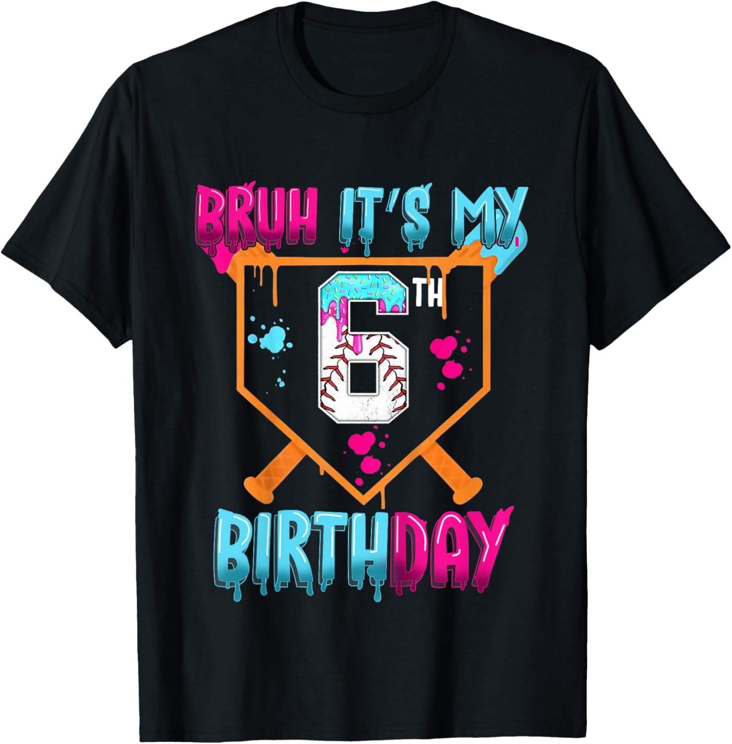 Kids Baseball Drip Bruh It's My 6th Birthday Boy Ice Cream Drip T-Shirt - T-Shirt | Black