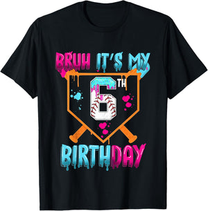 Kids Baseball Drip Bruh It's My 6th Birthday Boy Ice Cream Drip T-Shirt - T-Shirt | Black