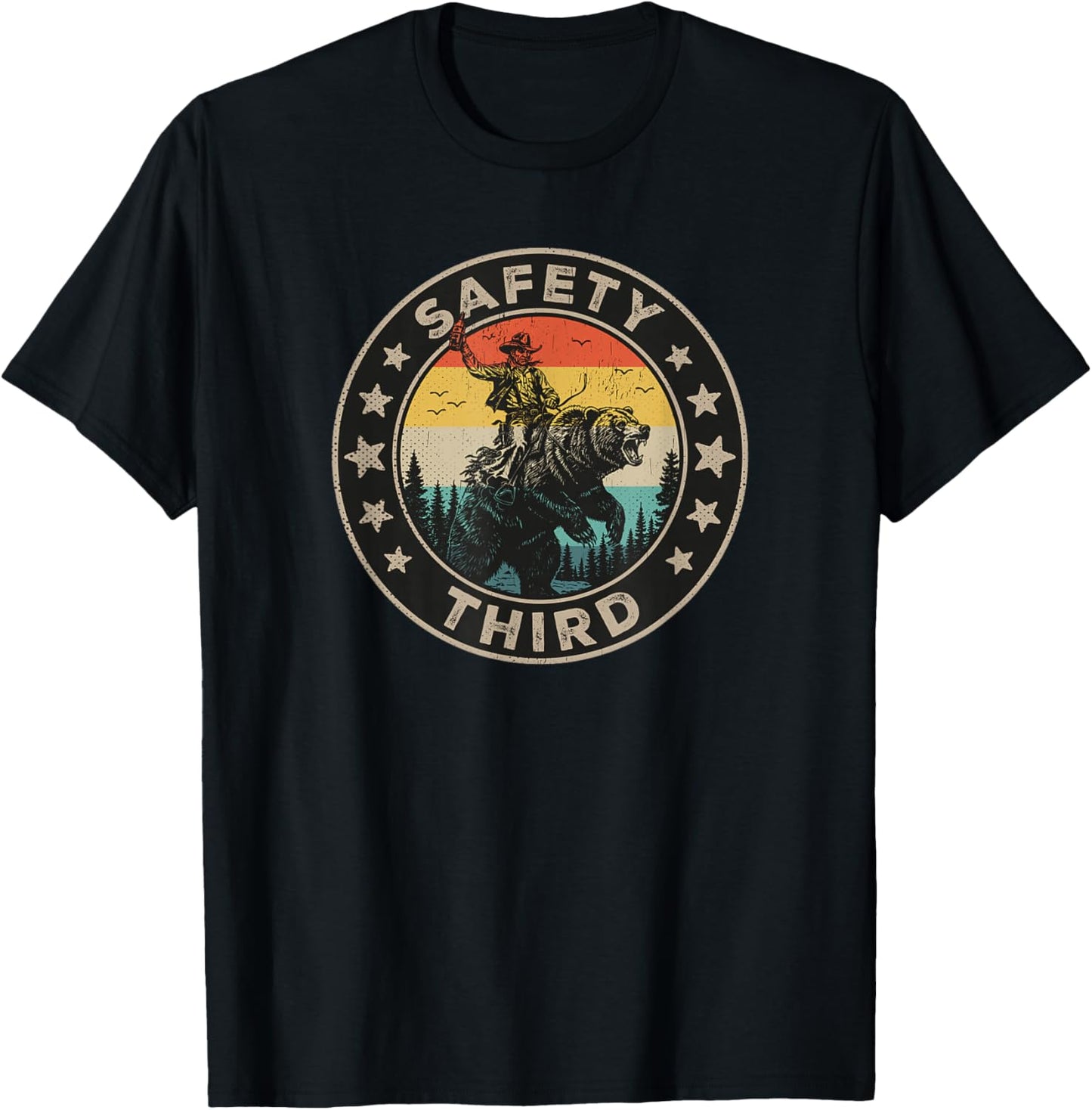 Safety Third Funny Cowboy Riding Bear Retro Sarcastic Safety T-Shirt - T-Shirt | Black