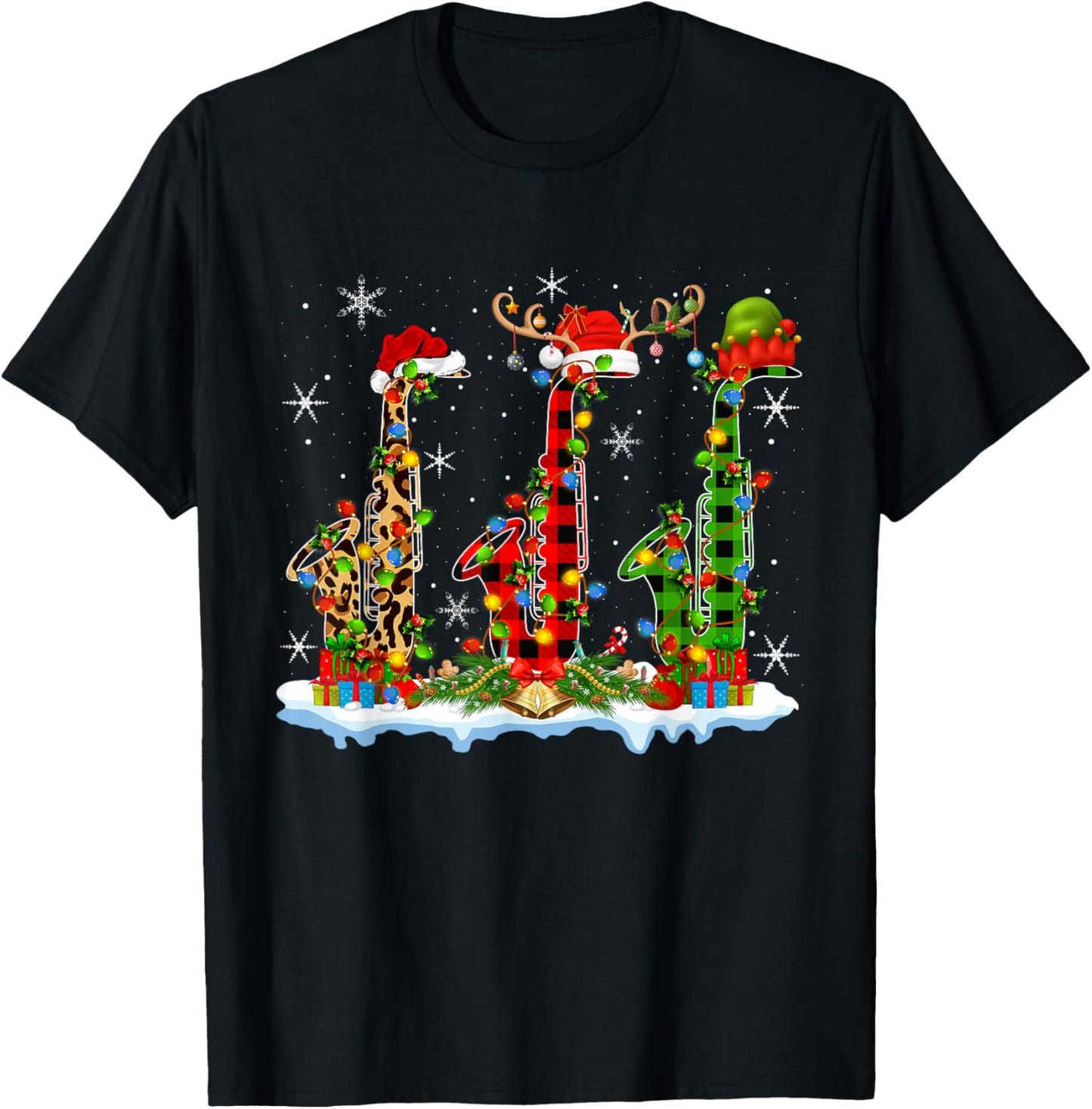 Saxophone Christmas Lights Marching Band Saxophone Jazz Xmas T-Shirt - T-Shirt | Black