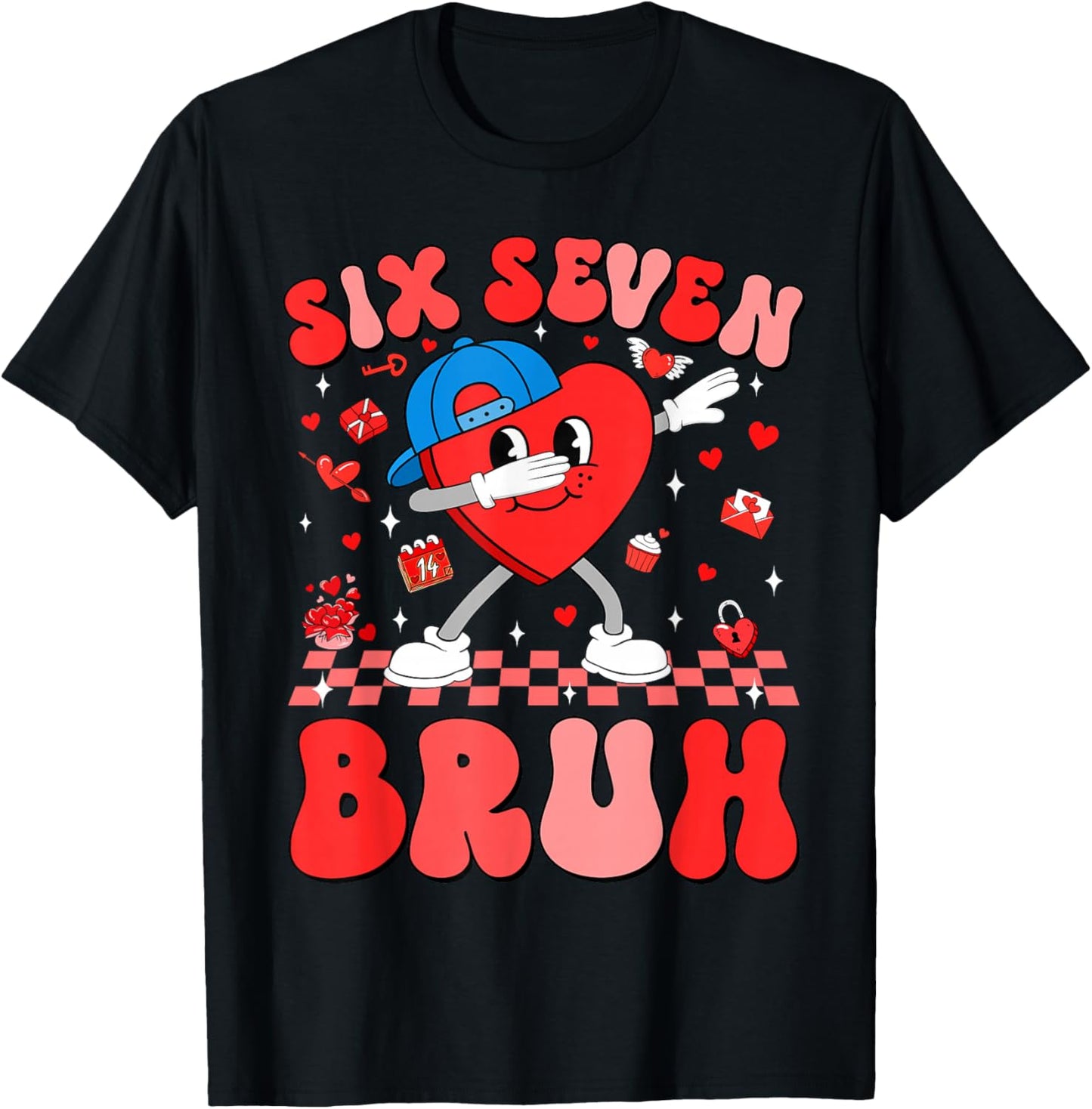Valentines Day Six Seven Bruh 6 7 Meme Dab Heart Boys Kids T-Shirt - T-Shirt | Black