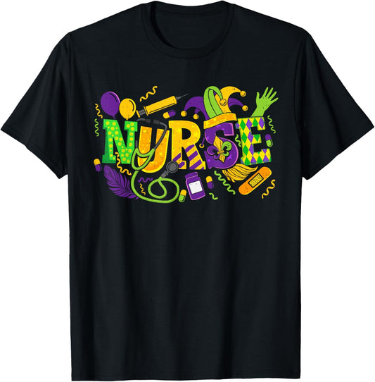 Mardi Gras Nurse Carnival Beads Medical Healthcare T-Shirt - T-Shirt | Black