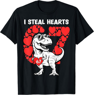 Valentine Day Boys Kids I Steal Hearts Dinosaur Truck 67 T-Shirt - T-Shirt | Black