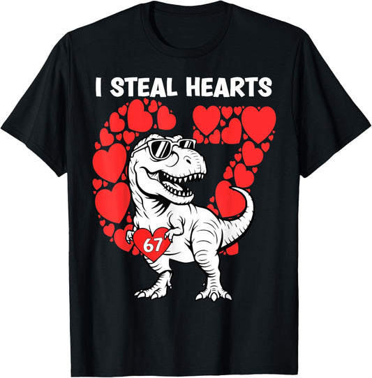 Valentine Day Boys Kids I Steal Hearts Dinosaur Truck 67 T-Shirt - T-Shirt | Black