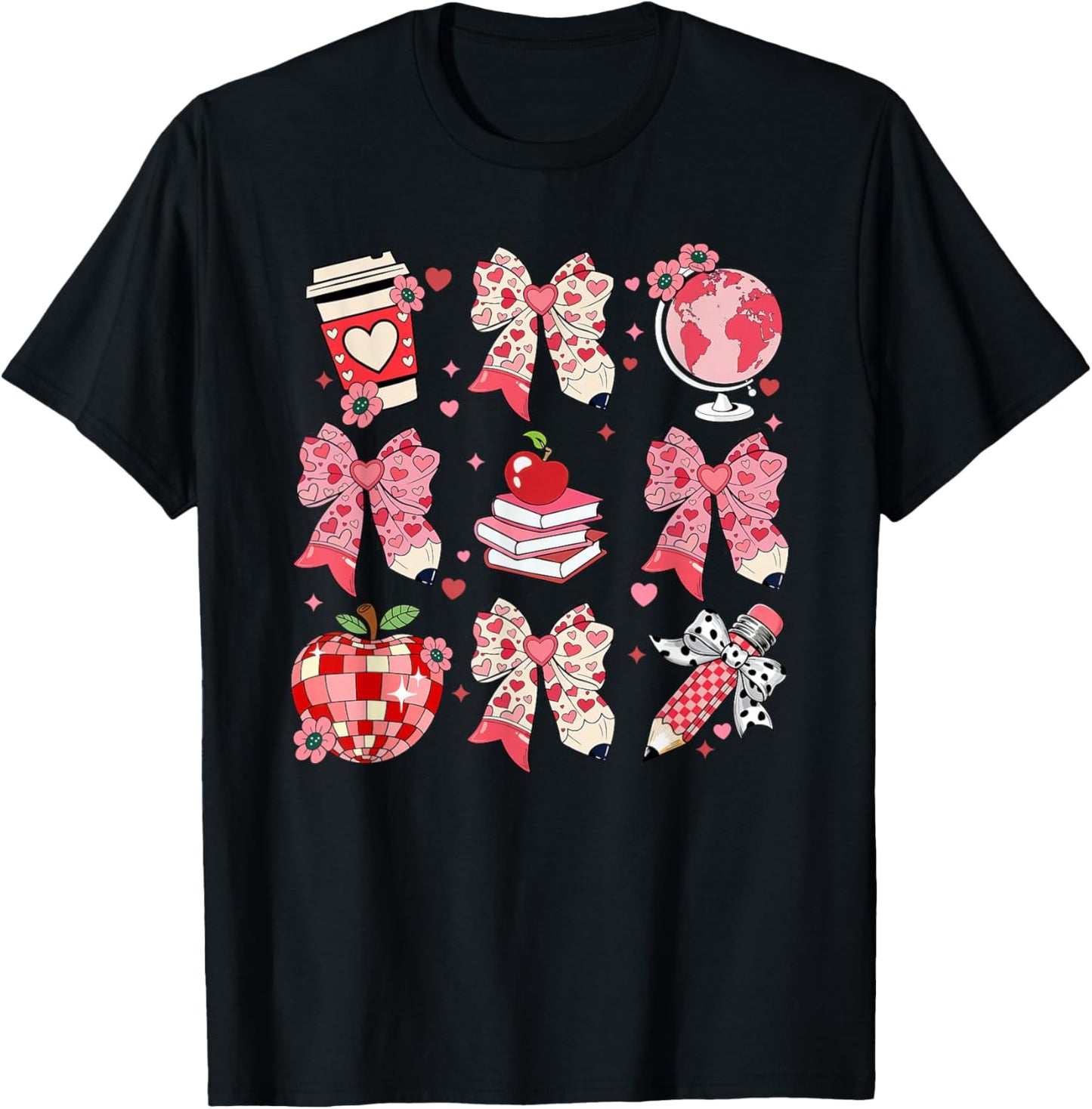 Coquette Bow Leopard Hearts Valentine Day Women Girl Girly T-Shirt - T-Shirt | Black