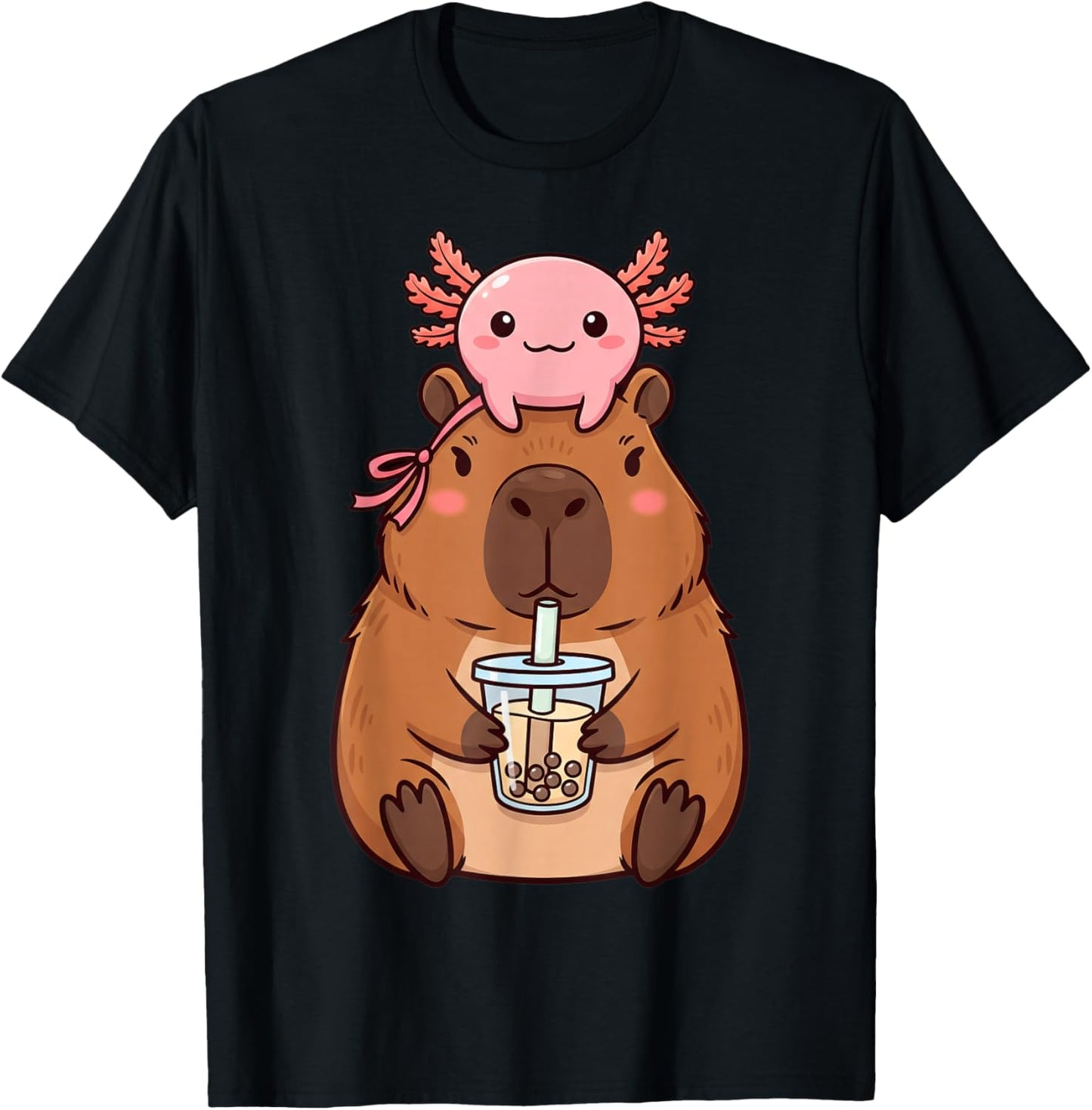 Cute Capybara Drinking Boba Tea Kawaii Axolotl Bubble Tea T-Shirt - T-Shirt | Black