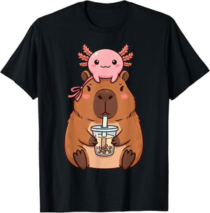 Cute Capybara Drinking Boba Tea Kawaii Axolotl Bubble Tea T-Shirt - T-Shirt | Black