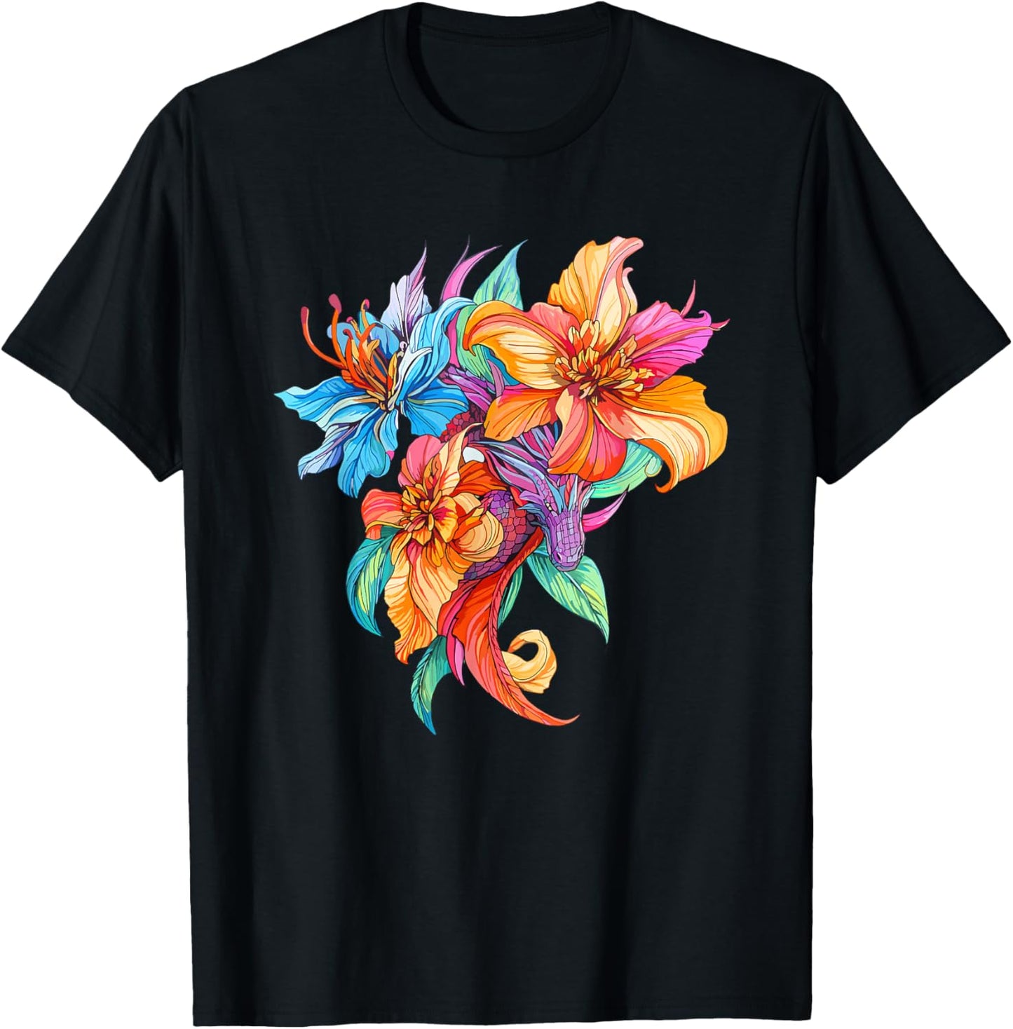 Colorful Dragon with Bright Fantasy Flowers T-Shirt - T-Shirt | Black