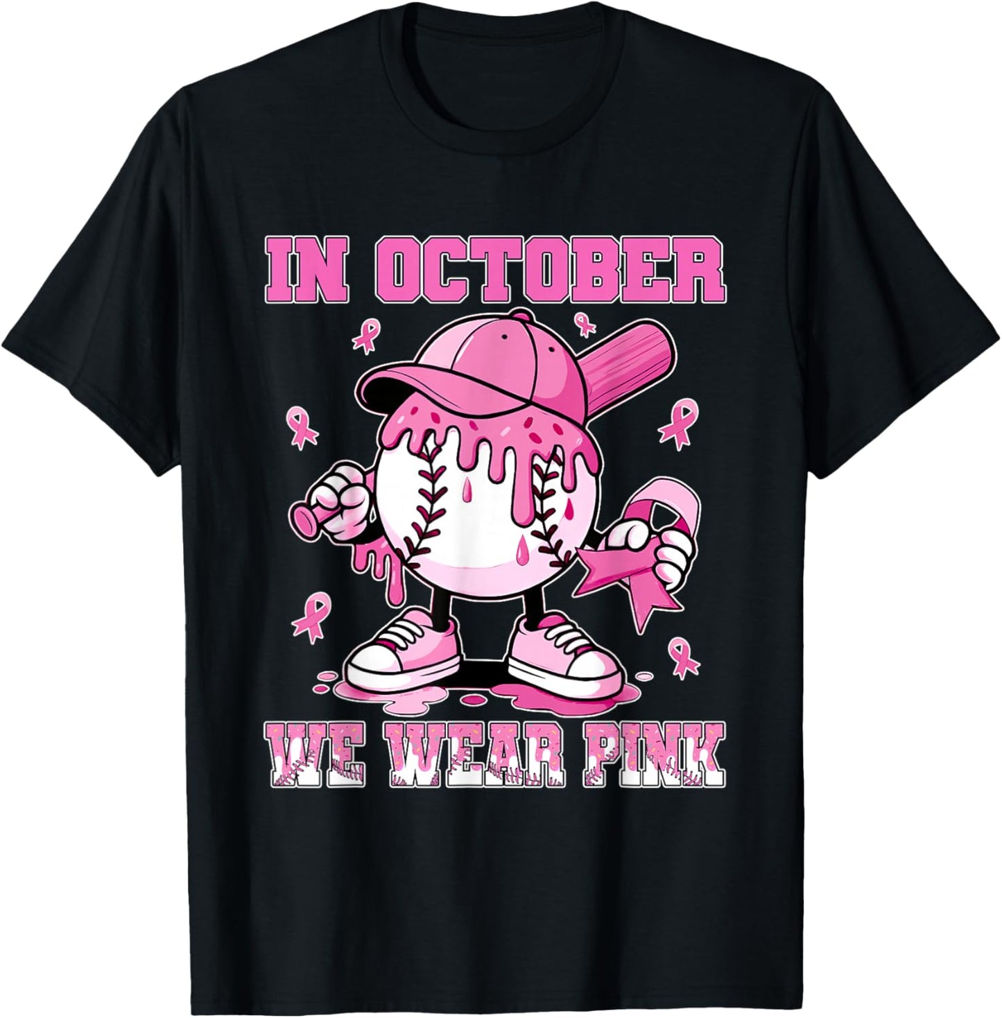 in October We Wear Pink Baseball Drip Breast Cancer T-Shirt - T-Shirt | Black