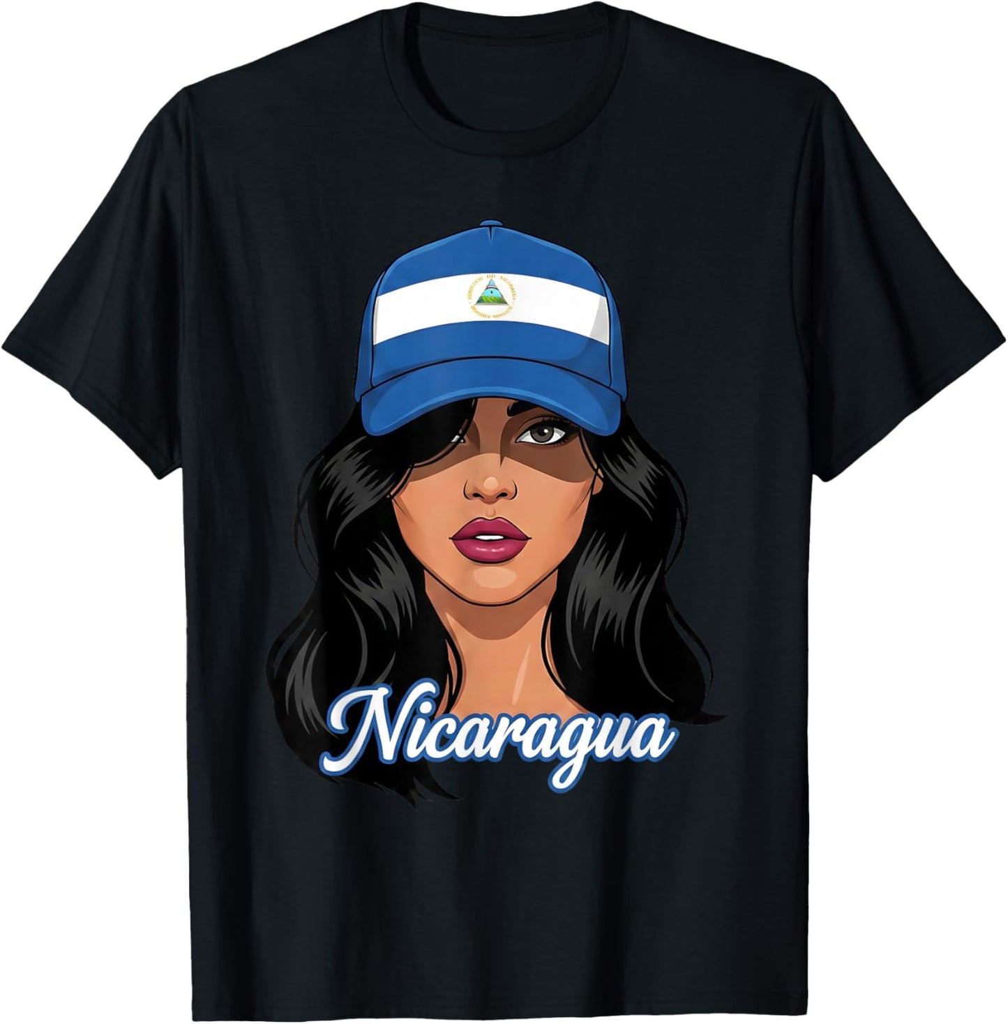 Nicaraguan Woman Girl Wearing Nicaragua Flag Baseball Cap T-Shirt - T-Shirt | Black