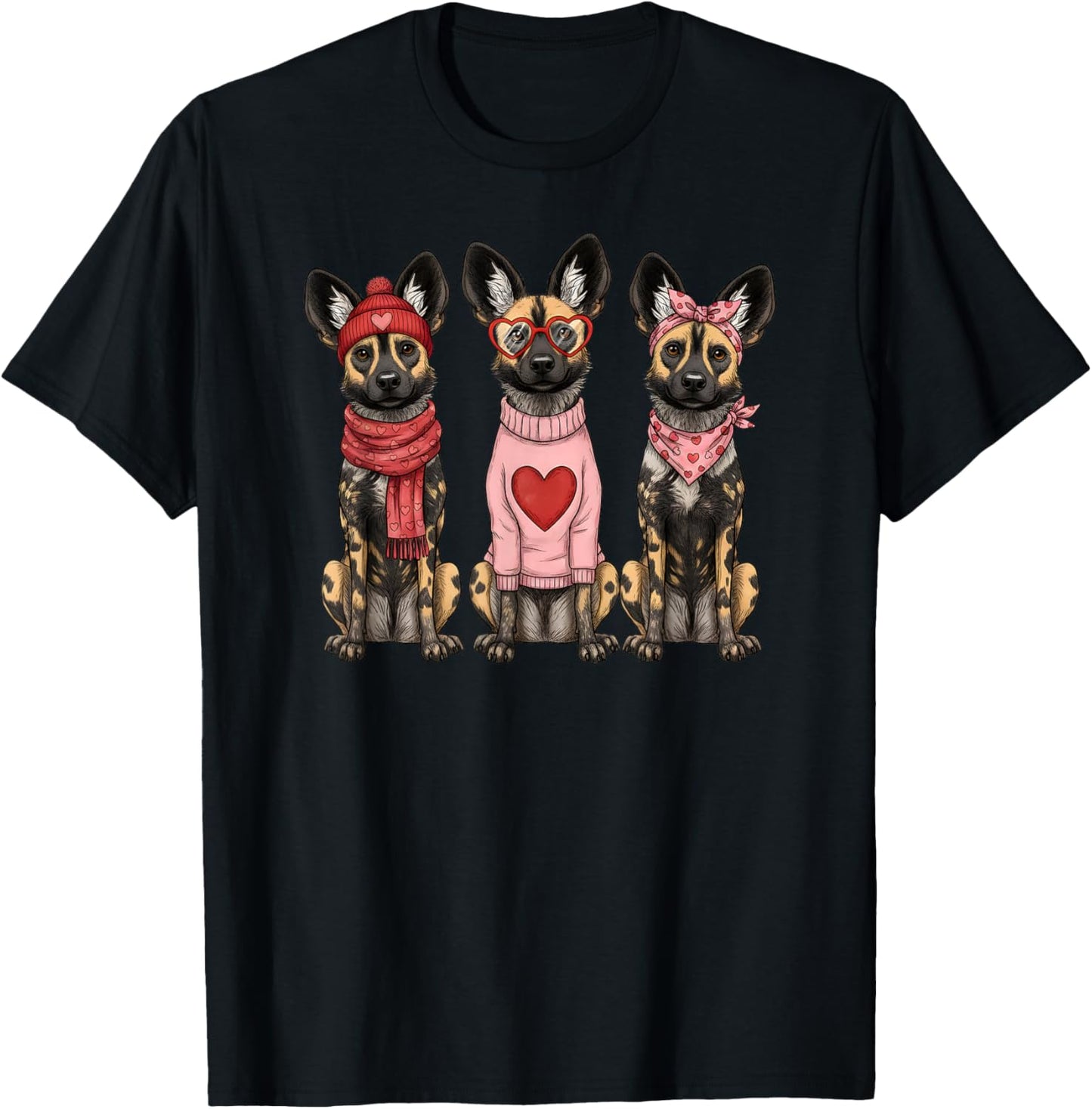 Retro African Wild Dog Cute Valentine T-Shirt - T-Shirt | Black