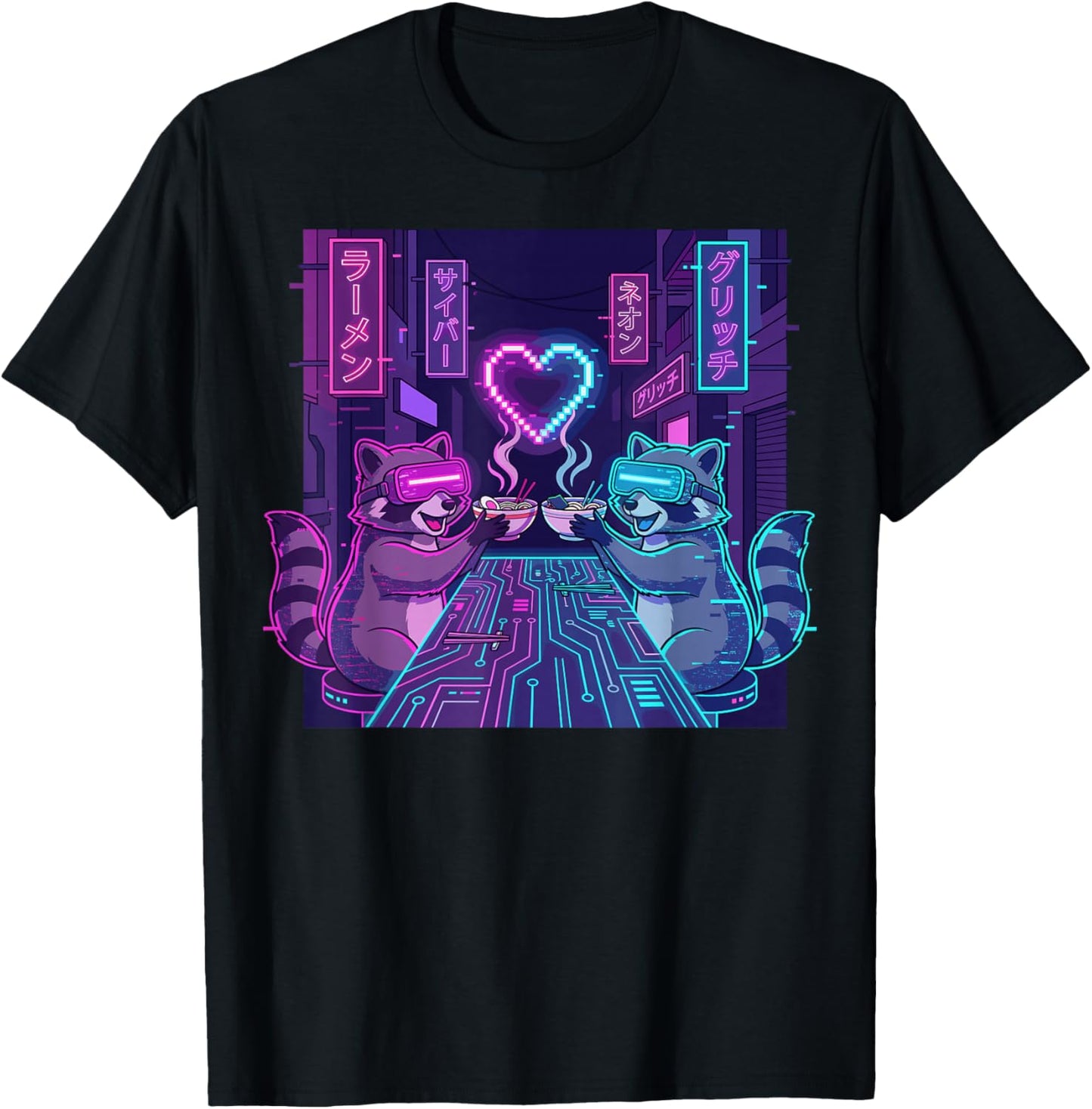 Cyberpunk Raccoon Ramen Valentines Day T-Shirt - T-Shirt | Black