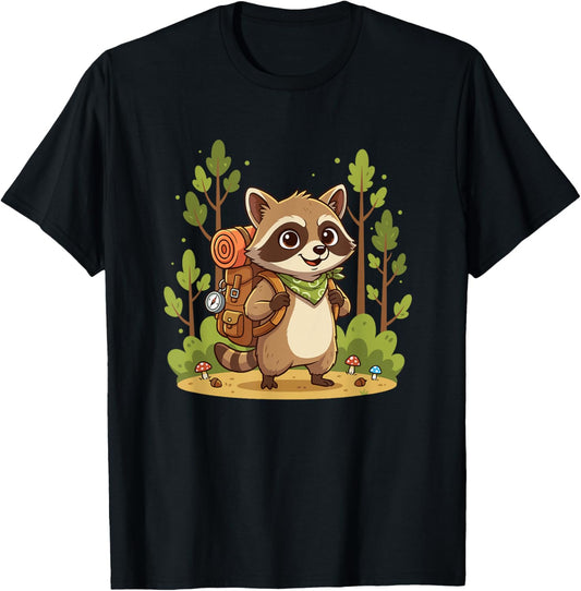 Cute Raccoon Backpacker Forest Camping Kids T-Shirt - T-Shirt | Black