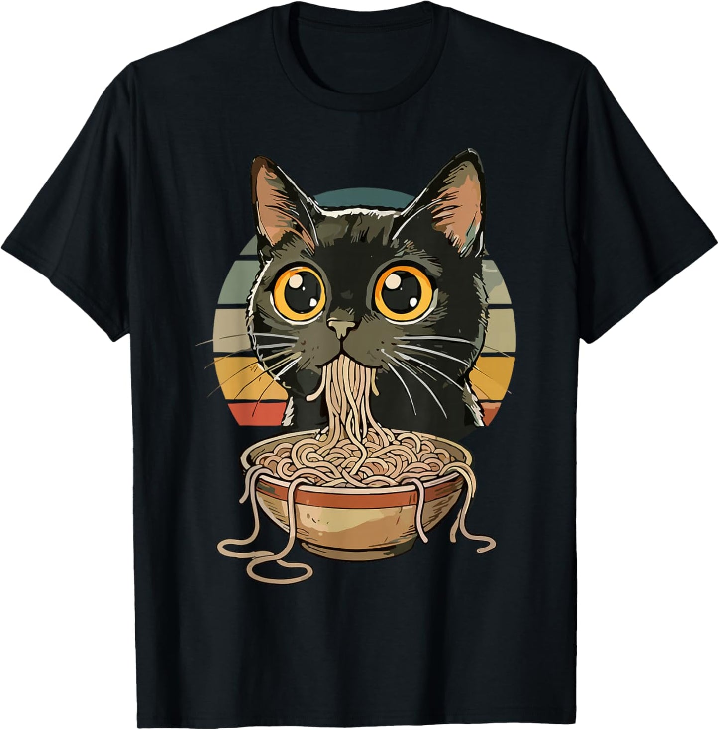 Cat Ramen Retro Sunset Anime Kawaii Eating Noodles T-Shirt - T-Shirt | Black