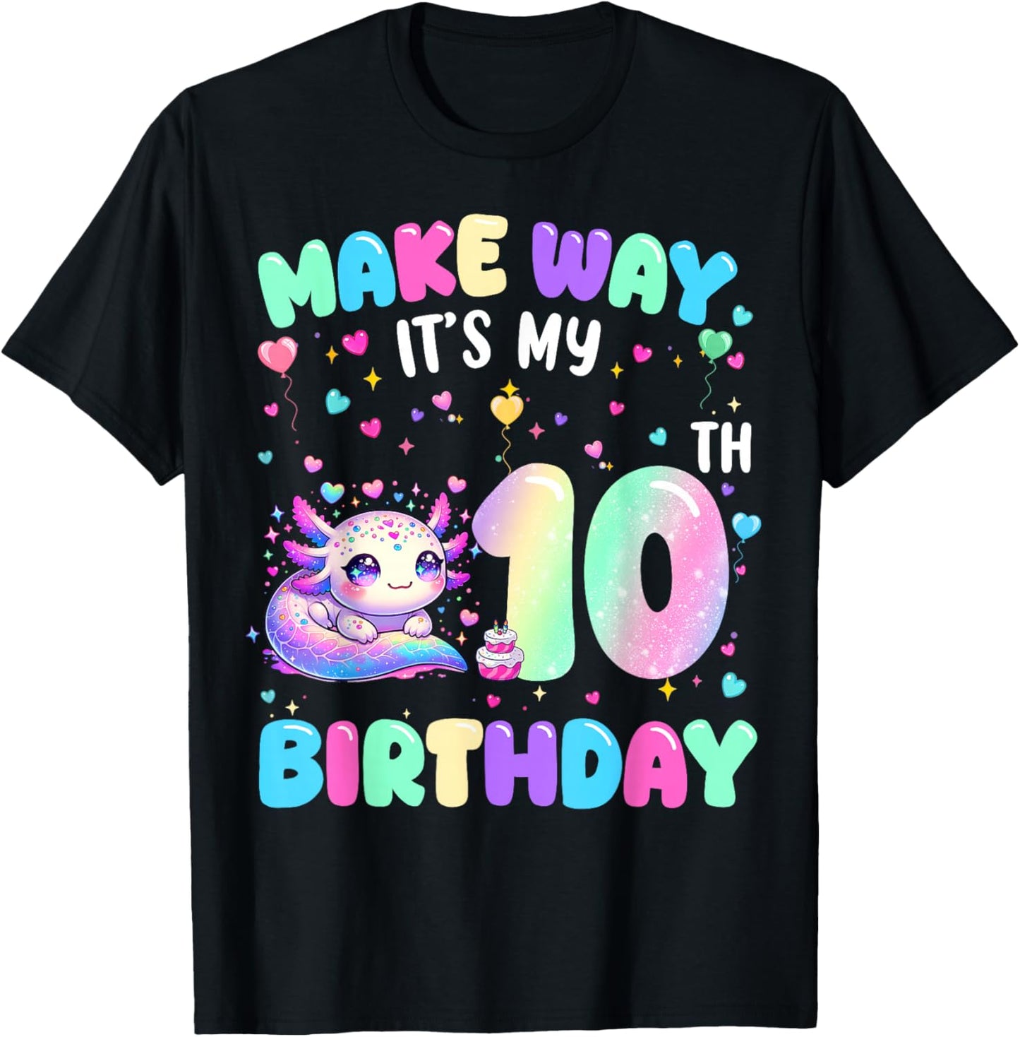 It's My 10th Birthday Girl Cute Axolotl 10 Year Old Kids T-Shirt - T-Shirt | Black