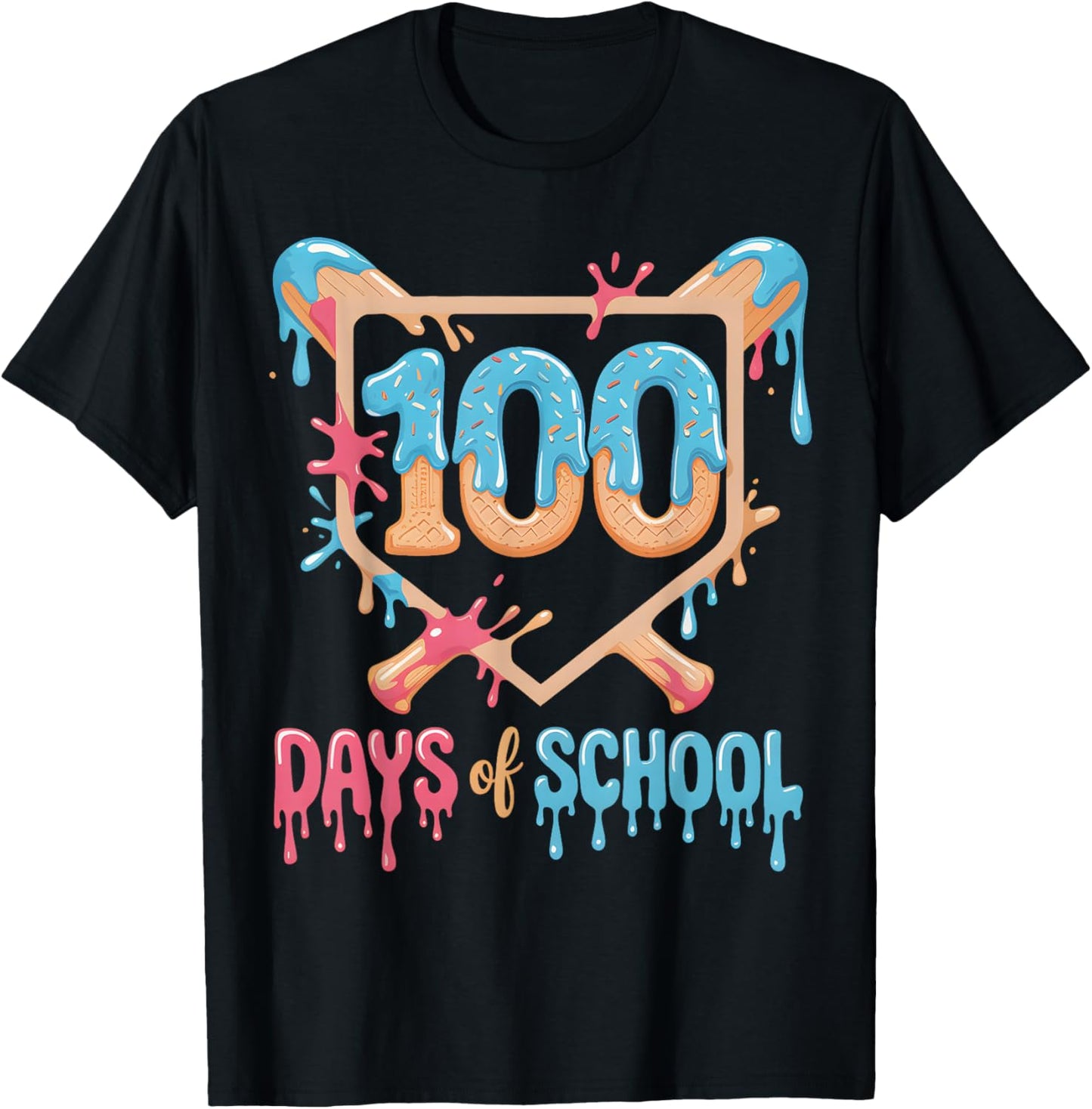 100 Days of School Baseball Drip 100 Days of School T-Shirt - T-Shirt | Black