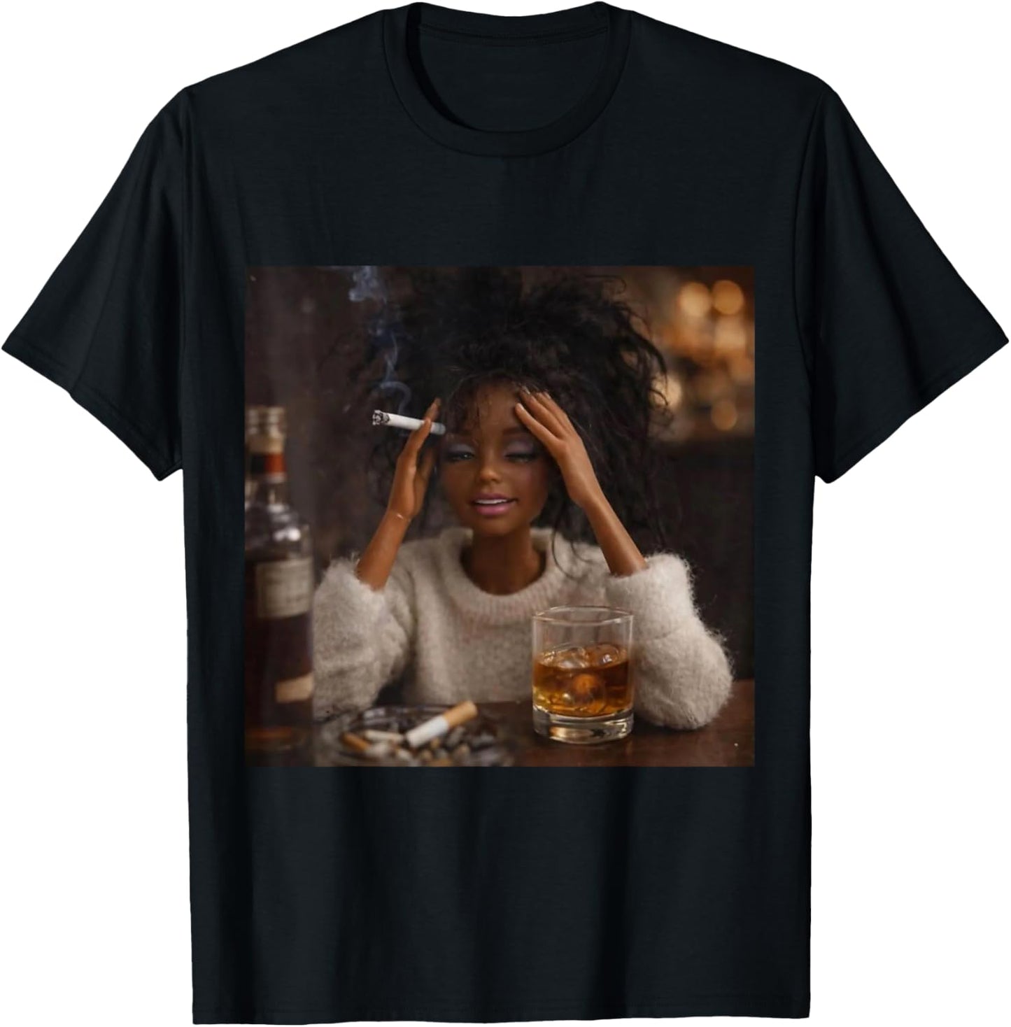 Funny Distressed Doll Face Meme Smoking Sarcastic Humor Gift T-Shirt - T-Shirt | Black