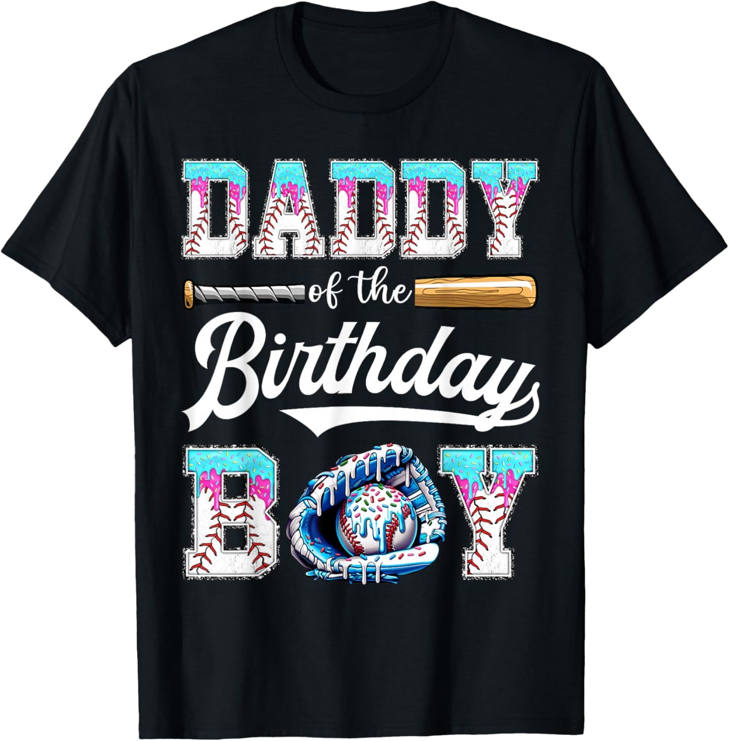 Daddy of The Birthday Boy Baseball Ice Cream Drip Matching T-Shirt - T-Shirt | Black