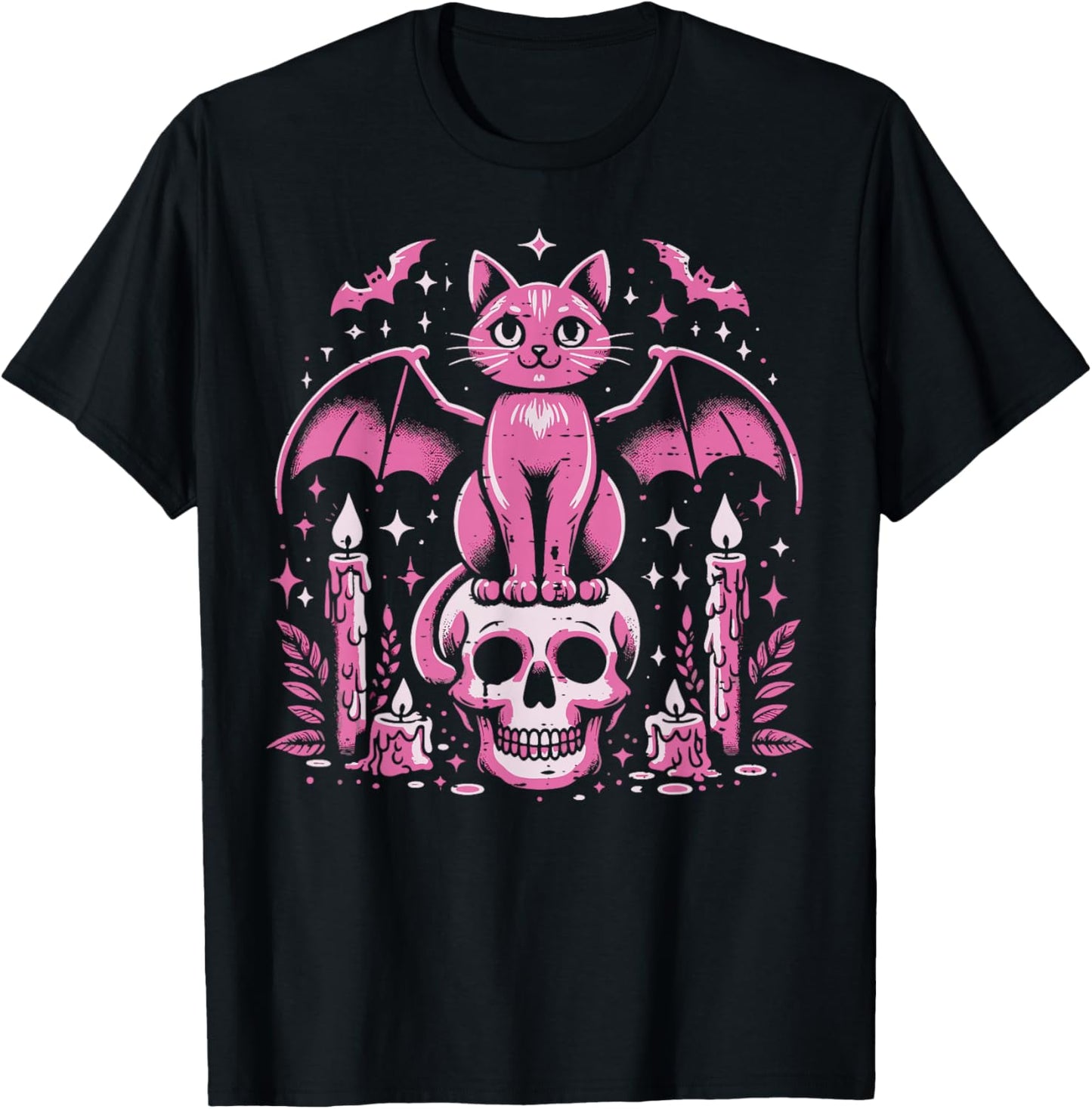 Cat Bat On Skull Halloween Costume Goth Women Girls Kids T-Shirt - T-Shirt | Black