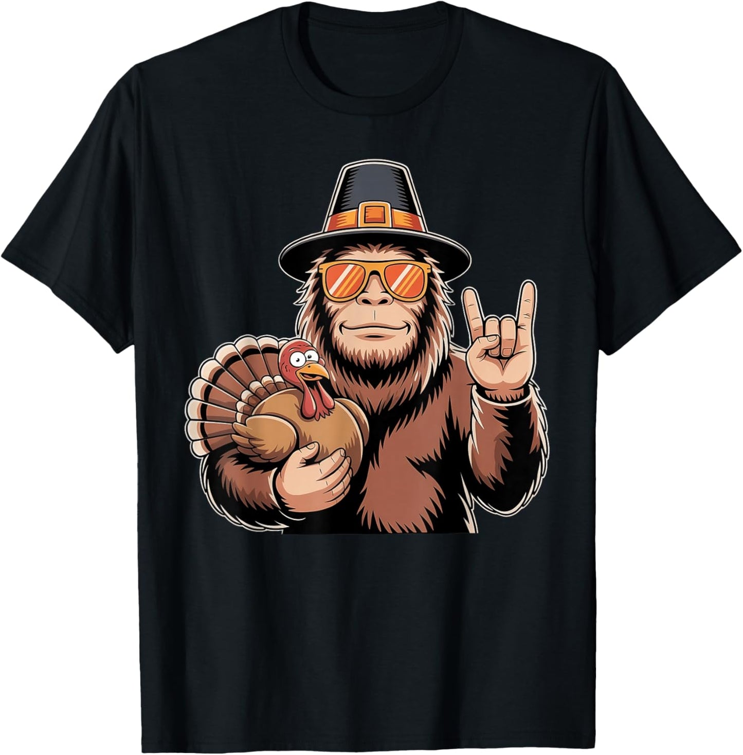 Thanksgiving Bigfoot Turkey Rock n Roll Bigfoot Sasquatch T-Shirt - T-Shirt | Black