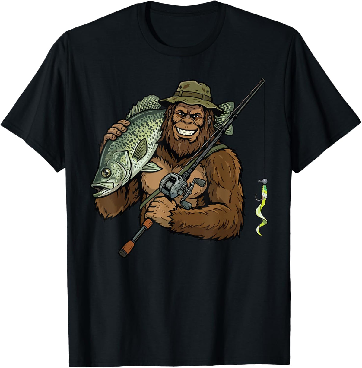 Crappie Fishing Funny Bigfoot T-Shirt - T-Shirt | Black