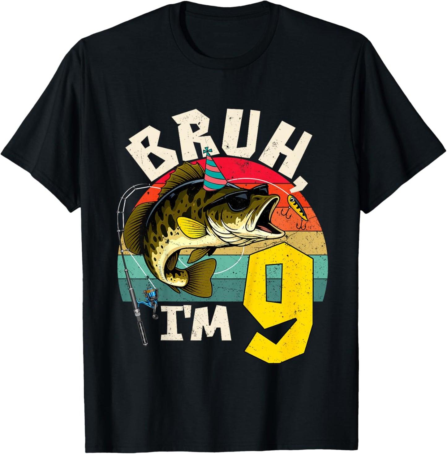 Bruh I'm 9 Years Old Fishing Birthday Theme Party T-Shirt - T-Shirt | Black