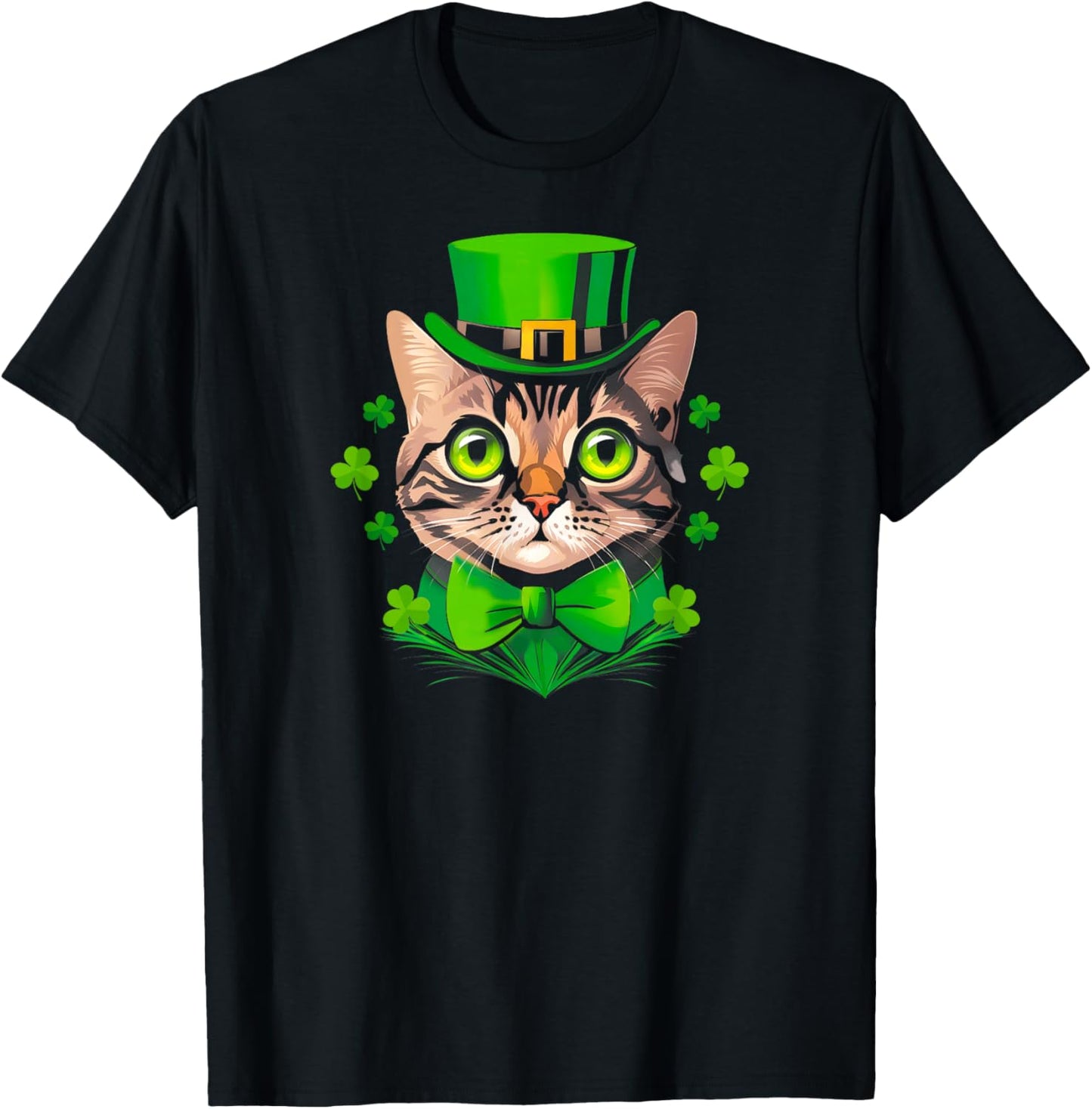 St Patricks Day Shamrock Cat Saint Pattys Women Girls Kids T-Shirt - T-Shirt | Black