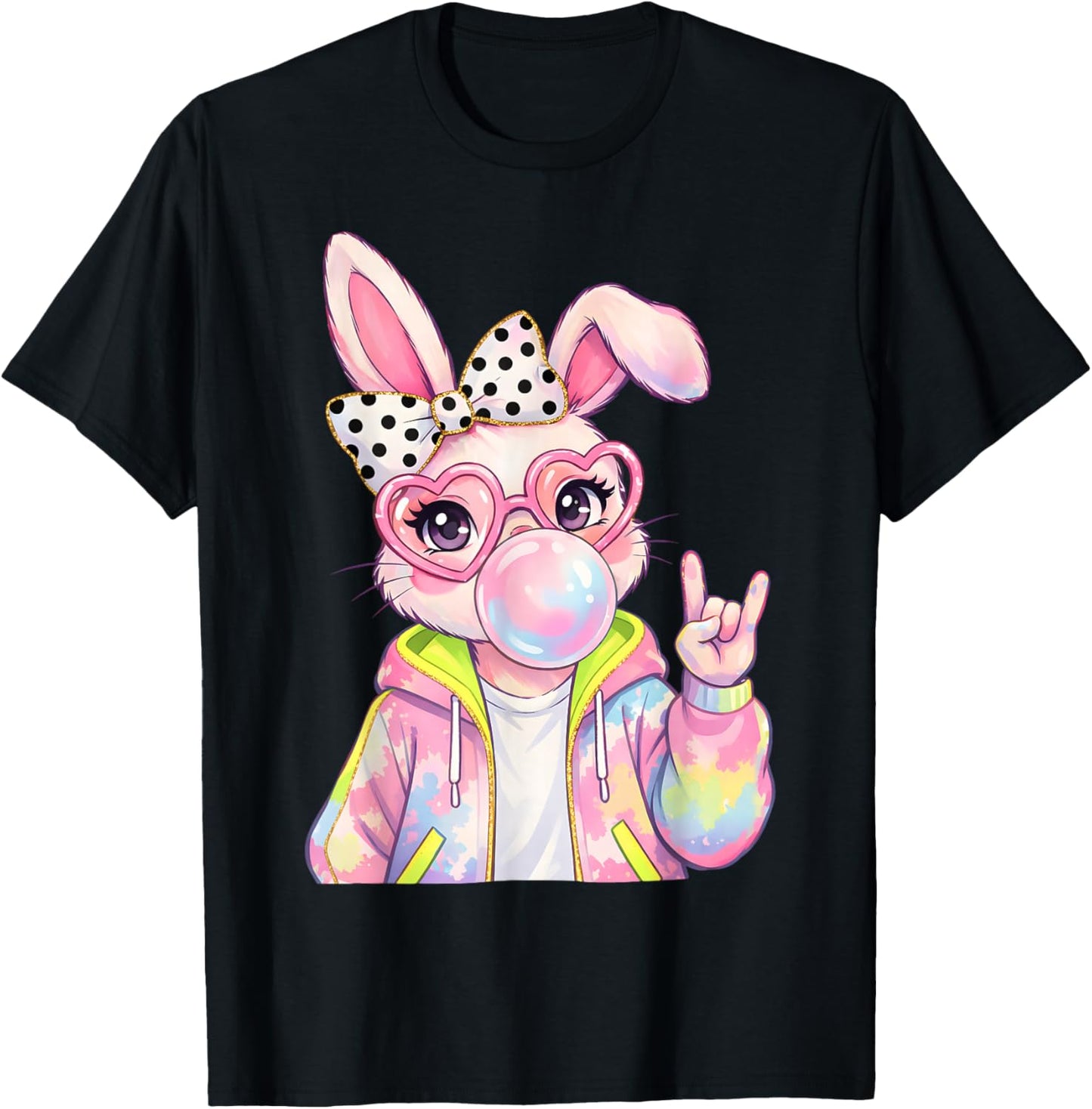 Bunny Face with Tie Dye Glasses Happy Easter Day Girl Women T-Shirt - T-Shirt | Black