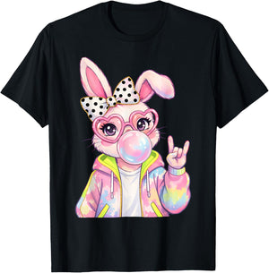 Bunny Face with Tie Dye Glasses Happy Easter Day Girl Women T-Shirt - T-Shirt | Black