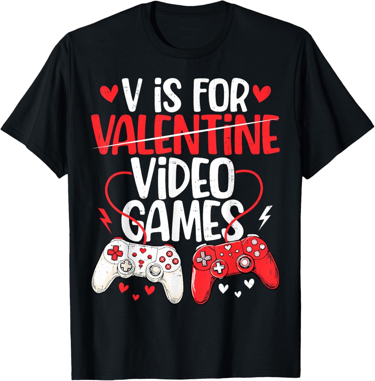 V is for Video Games Funny Valentines Gamer Boy Men Kids T-Shirt - T-Shirt | Black