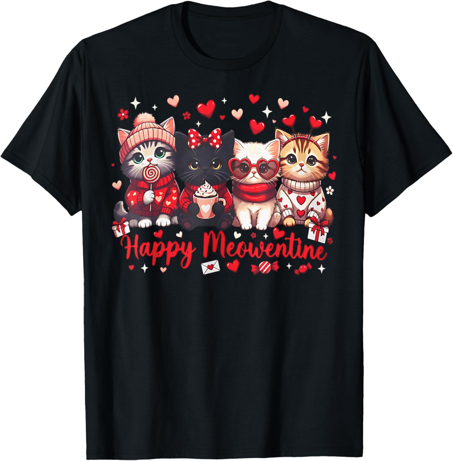 Happy Meowentines Cute Valentine Cat Lovers Girls Women Kid T-Shirt - T-Shirt | Black