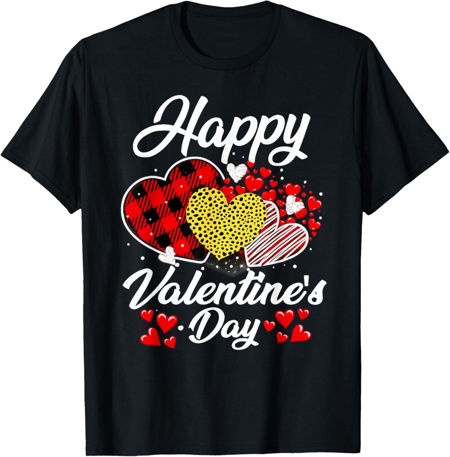 Happy Valentine's Day Hearts with Leopard Plaid Valentine T-Shirt - T-Shirt | Black
