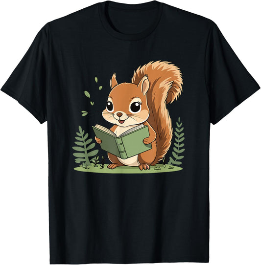 Cute Reading Squirrel for Bookworm Kids and Teachers T-Shirt - T-Shirt | Black