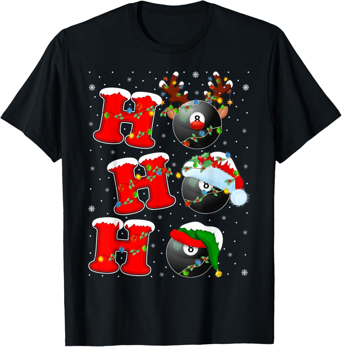 Ho Ho Ho Funny Santa Billiards 8 Ball Christmas Lights T-Shirt - T-Shirt | Black