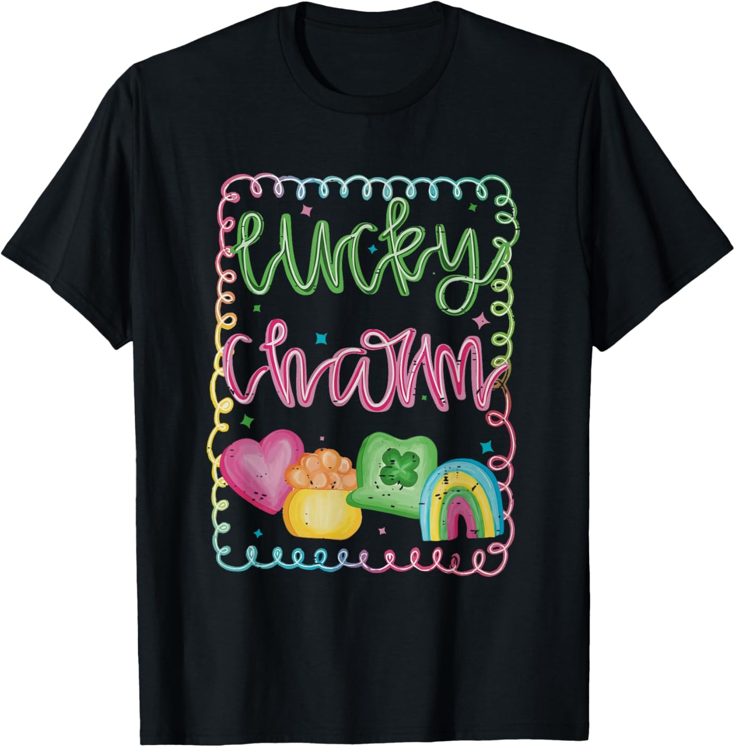 Retro Lucky Charm Rainbow Clover Irish Girly St Patricks Day T-Shirt - T-Shirt | Black