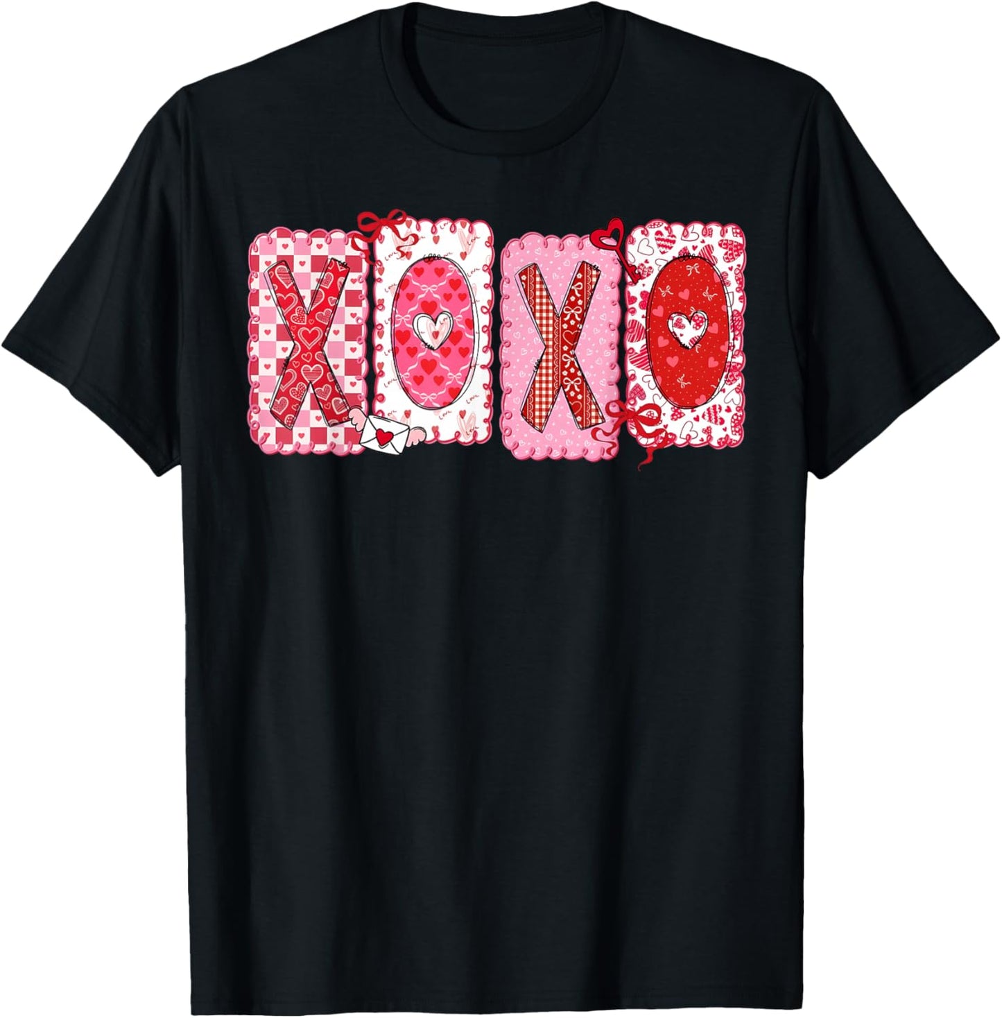Happy Valentine Coquette Bow XOXO Hugs & Kisses Girl Women T-Shirt - T-Shirt | Black