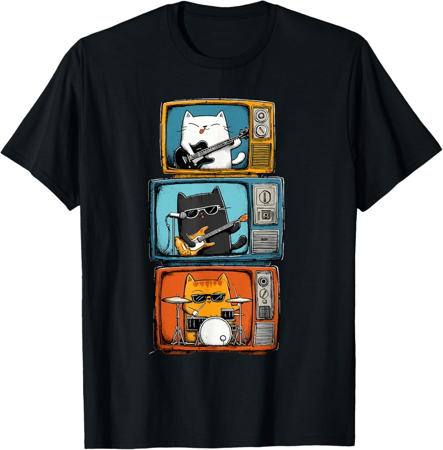 Novelty Cats Band Guitar Drums Men Kids Women Funny Y2K T-Shirt - T-Shirt | Black