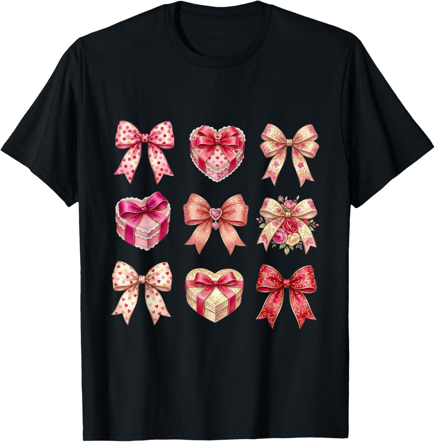 Valentines Day Hearts Coquette Bow Women Girls Boys T-Shirt - T-Shirt | Black