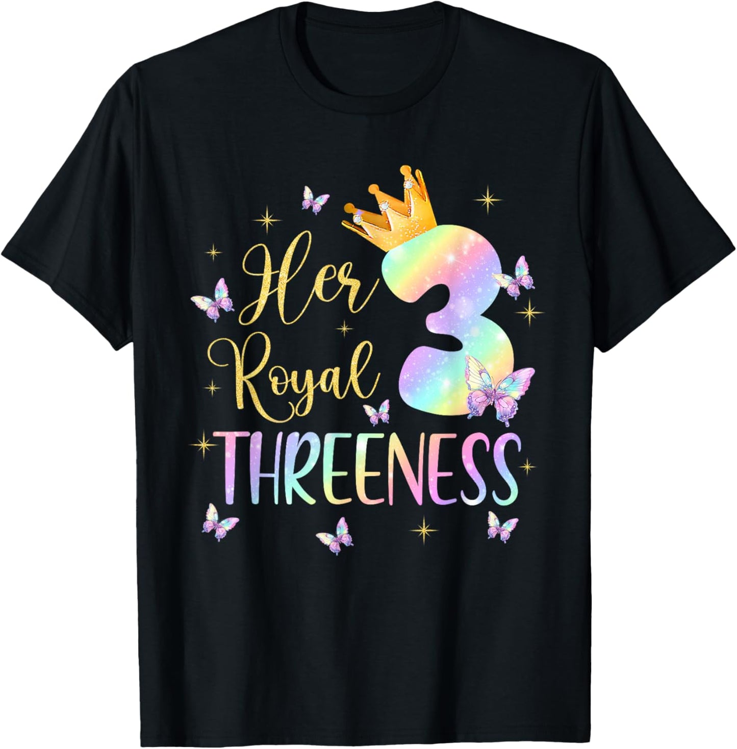 Her Royal Threeness 3 Year Old Butterfly Theme 3rd Bday T-Shirt - T-Shirt | Black