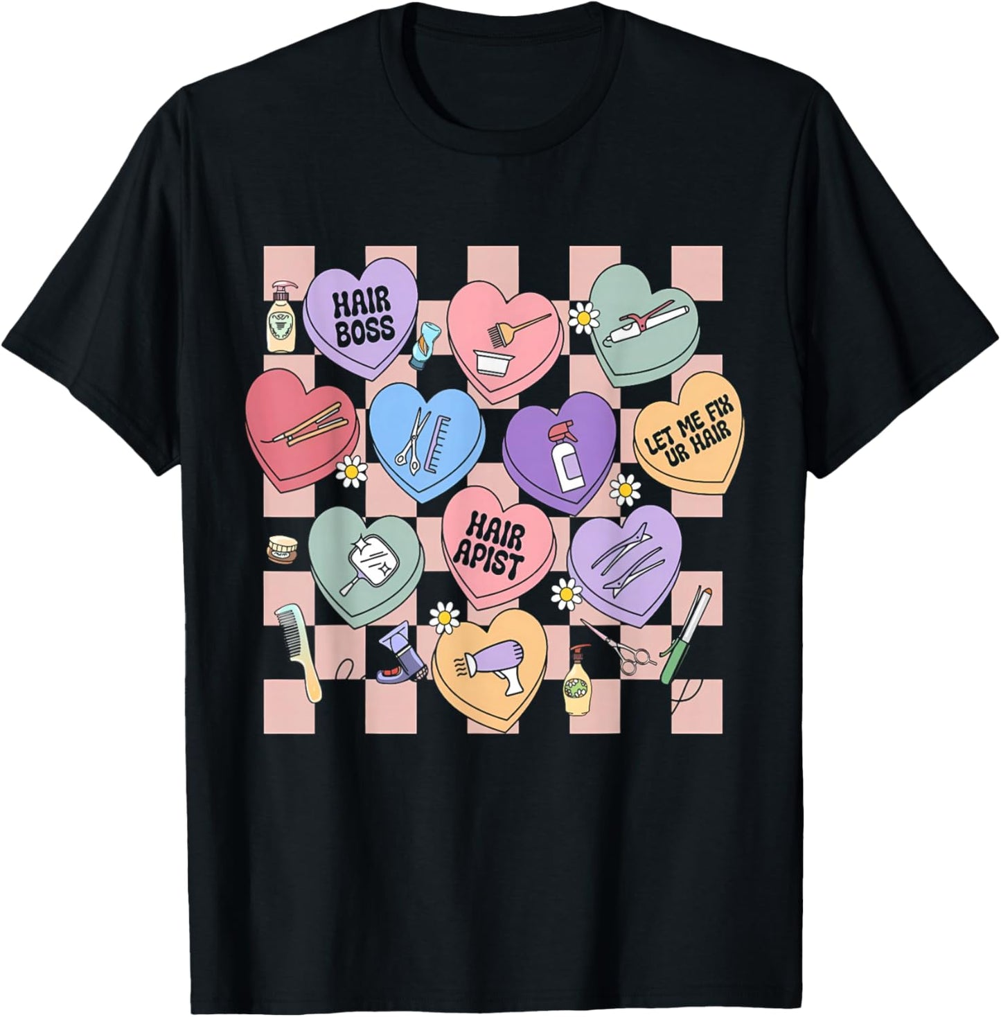 Checkered Hairstylist Heart Candy Valentines Hairdresser T-Shirt - T-Shirt | Black