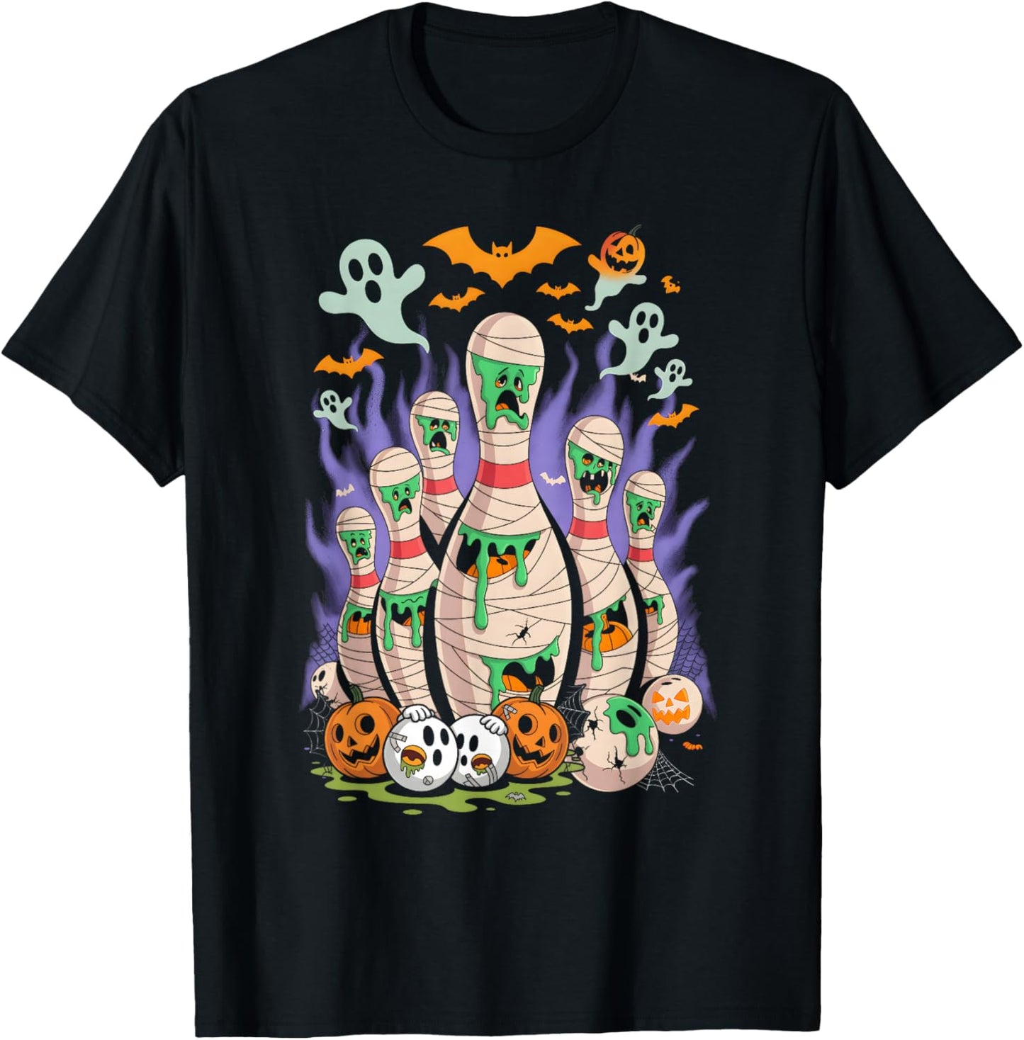 Cartoon Bowling Scared Bowling Pins Sport Bowler Halloween T-Shirt - T-Shirt | Black