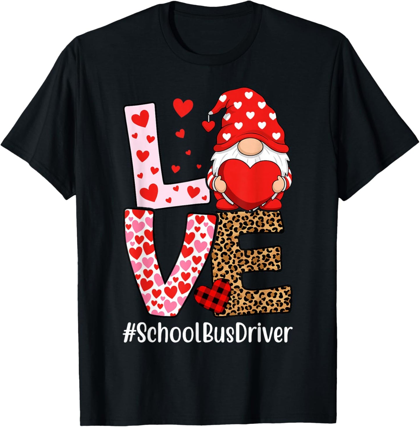 School Bus Driver Love Gnome Heart Valentine's Day T-Shirt - T-Shirt | Black