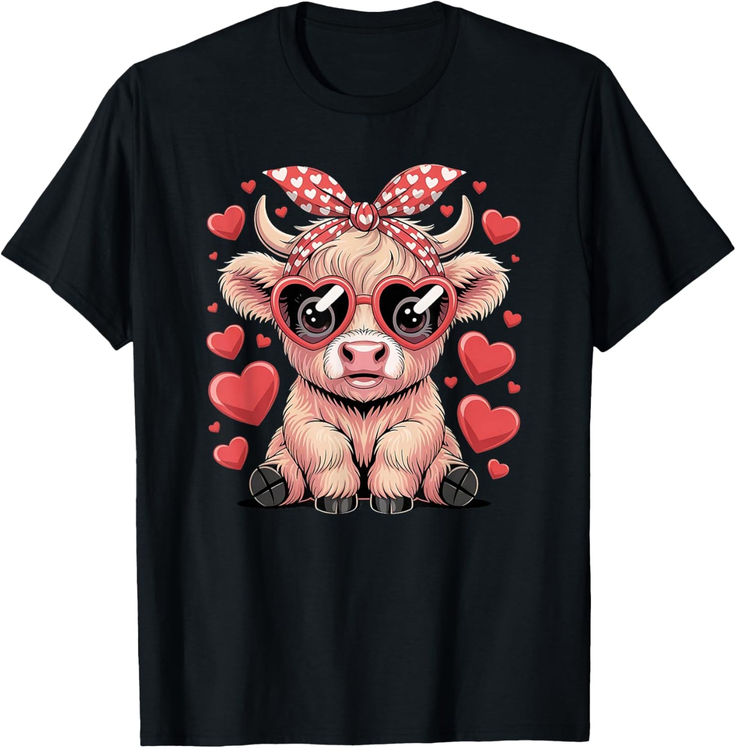 Highland Cow Valentines Day Funny Heart Sunglasses Bandana T-Shirt - T-Shirt | Black